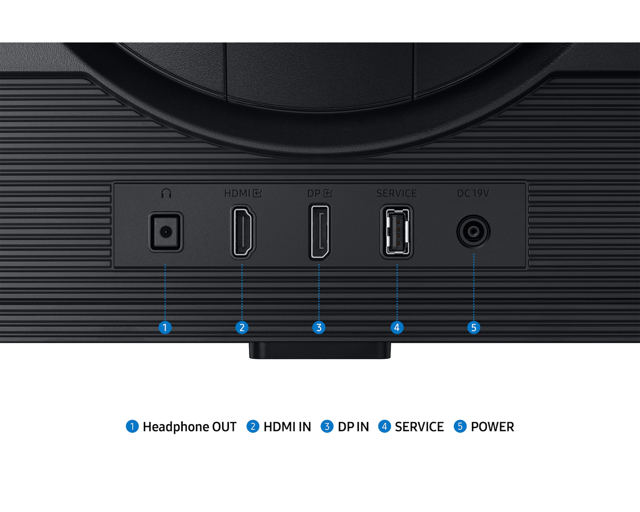 Schwarzes Monitor-Rückpanel mit Anschlüssen: Kopfhörerausgang, HDMI-Eingang, DP-Eingang, Service und Stromeingang.