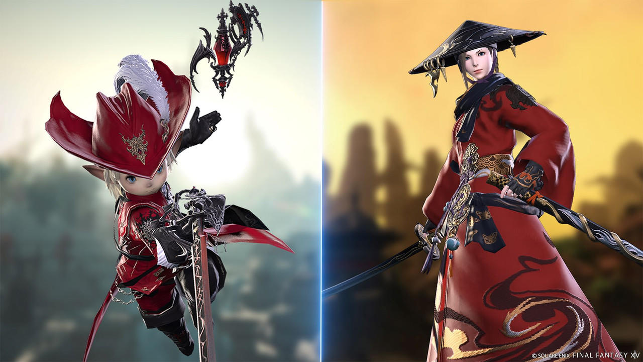 Zwei Charaktere aus Final Fantasy XIV. Einer ist ein weißhaariger, rot gekleideter Charakter mit einem Schwert. Der andere hat einen Hut und ein Schwert.