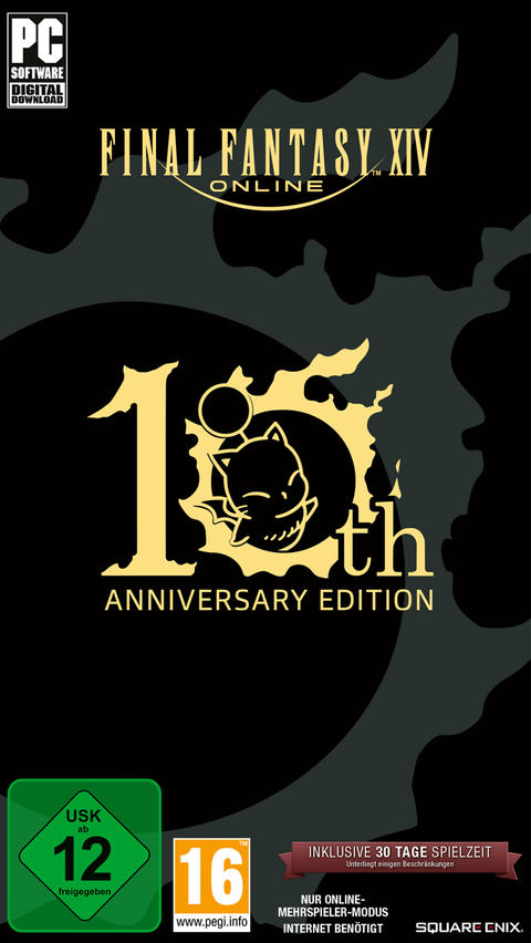 Spielcover für Final Fantasy XIV: Online 10th Anniversary Edition. Enthält Logo, Charakter, Altersangaben und Text auf schwarzem Grund.