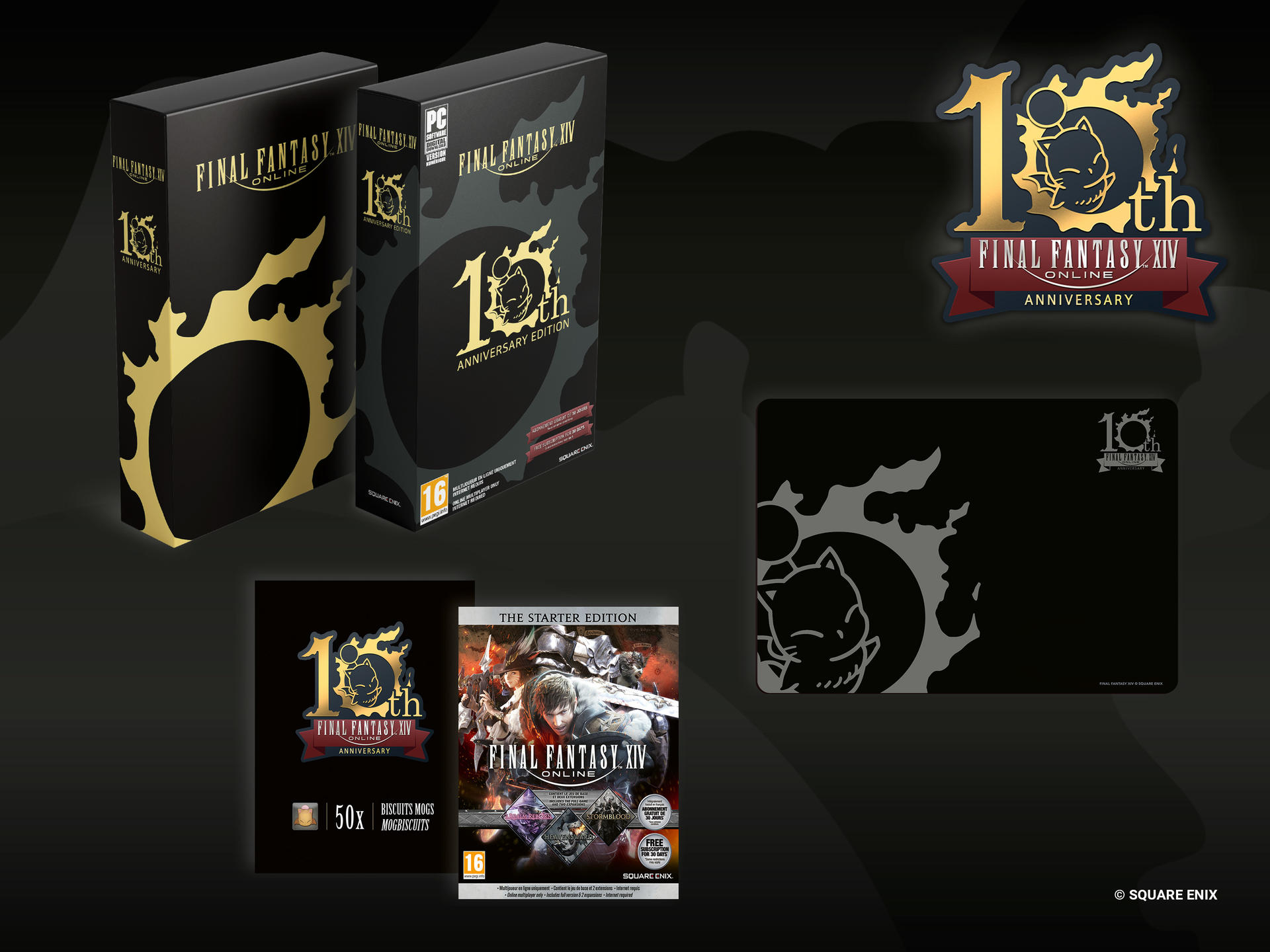 Das Bild zeigt Final Fantasy XIV 10th Anniversary Edition-Boxen und Werbeartikel mit Spielelogos und Charakteren.