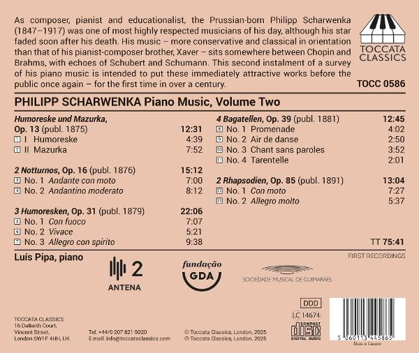 CD-Cover mit Text über Philipp Scharwenkas Klaviermusik. Enthält Titellisten, Komponistendetails und Logo.