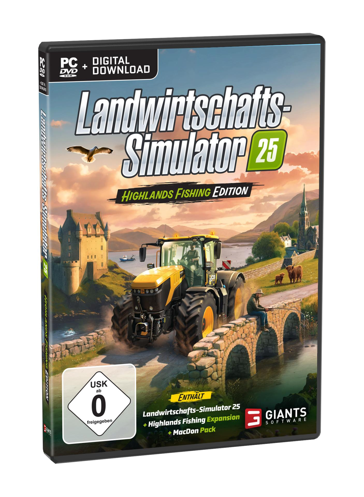 Das Spielcover zeigt einen Traktor auf einer Brücke, ein Schloss, eine Kirche, Kühe und einen Mann beim Angeln.