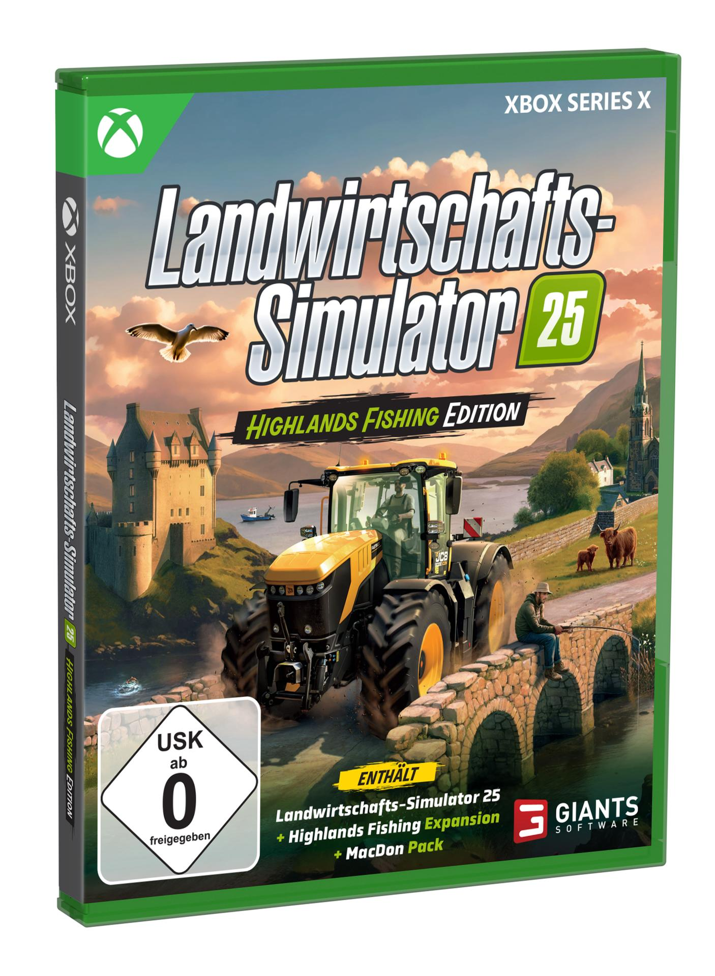 Spielbox-Kunst. Ein gelber Traktor auf einer Brücke. Eine Burg, eine Kirche und ein Fischer sind im Hintergrund.