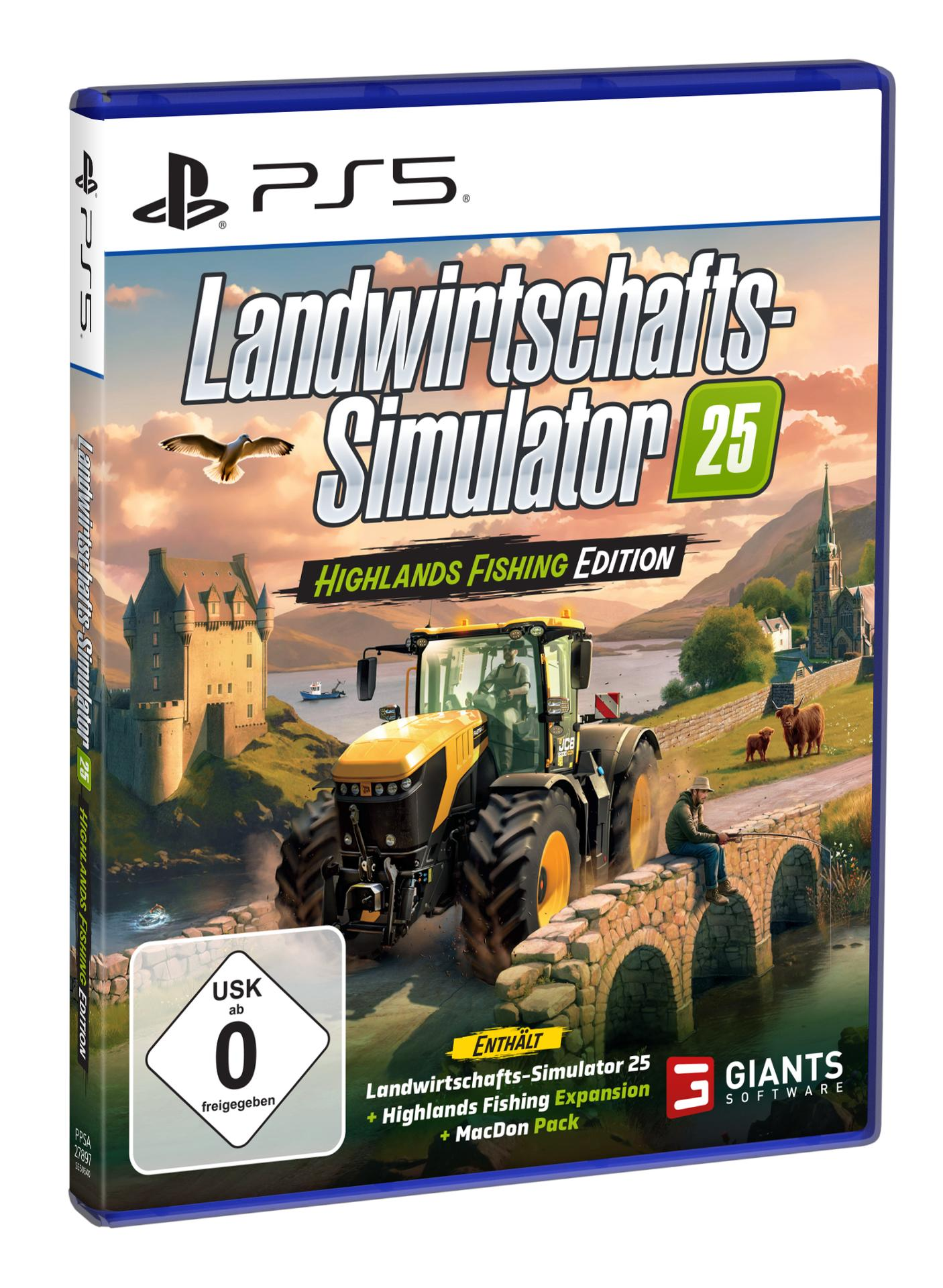 Spielbox-Art für 'Landwirtschafts-Simulator 25'. Zeigt einen Traktor, eine Burg, eine Kirche und einen Mann beim Angeln. Der Umschlag ist farbenfroh.