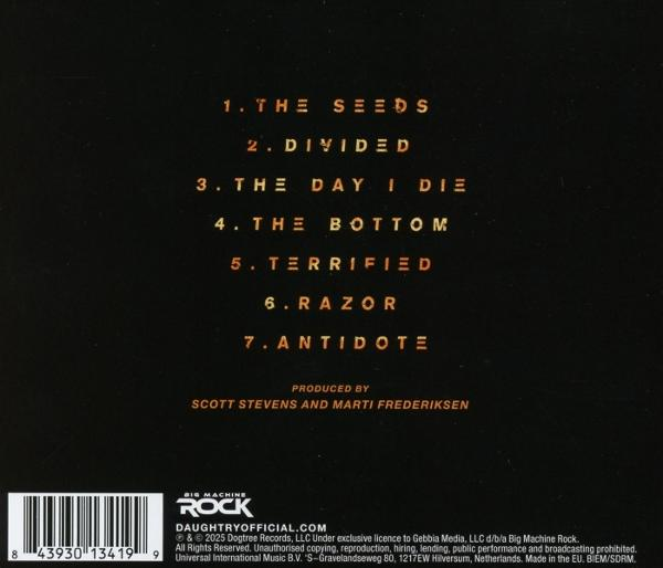 Albumcover mit Titelliste: The Seeds, Divided, The Day I Die, The Bottom, Terrified, Razor, Antidote. Produziert von Scott Stevens & Marti Frederiksen.