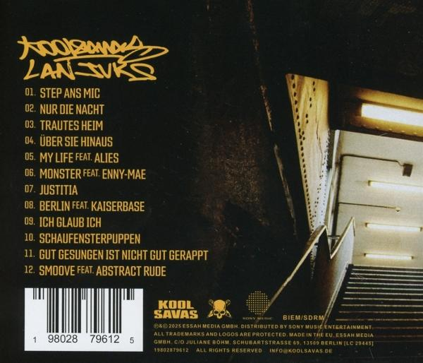 CD-Cover mit Titelliste und Treppe im Hintergrund. Der Künstler heißt Kool Savas. Schwarz-gelbes Farbschema.