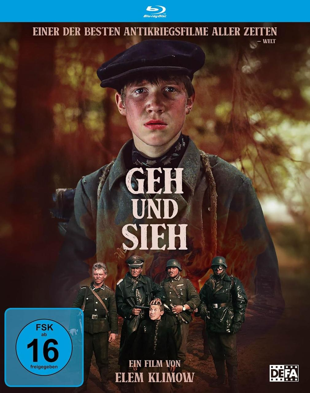Filmcover. Ein junger Mann mit Mütze, der Titel 'Geh und Sieh' und Figuren in Militäruniformen.