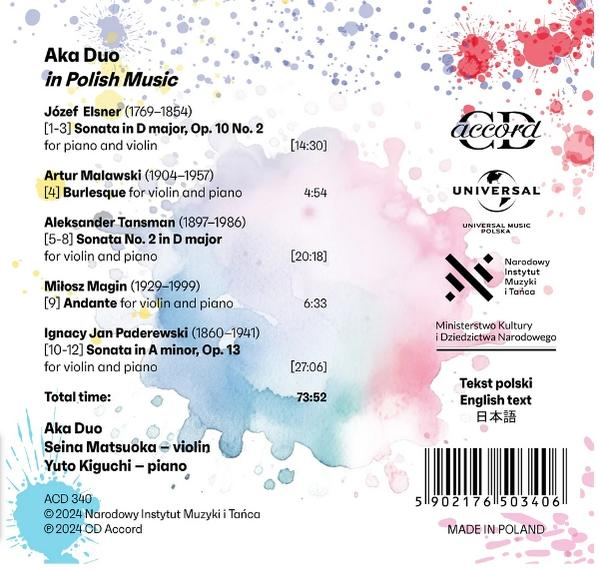 CD-Cover mit dem Titel 'Aka Duo in Polish Music' zeigt Kompositionen, Interpreten, Logos und einen Barcode. Hintergrund ist ein Aquarell.