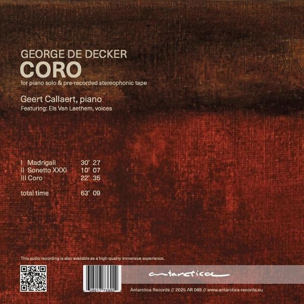 Albumcover für "CORO" von George De Decker. Enthält Text und Titeldetails auf einem rot-braun strukturierten Hintergrund.