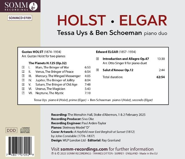 CD-Cover mit Text: Holst Elgar, Tessa Uys & Ben Schoeman. Tracklist enthält Holsts 'The Planets' und Elgars Werke.