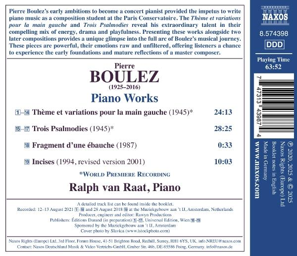 CD-Cover. Enthält Text über Pierre Boulez' Klavierwerke, Spieldauern und einen Barcode. Der Hintergrund ist blau und weiß.