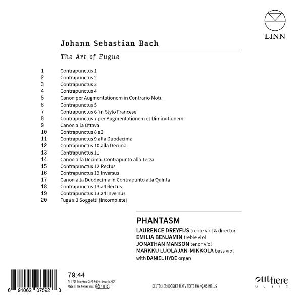 Albumcover für Johann Sebastian Bachs 'Die Kunst der Fuge'. Listet Titel und Interpreten.
