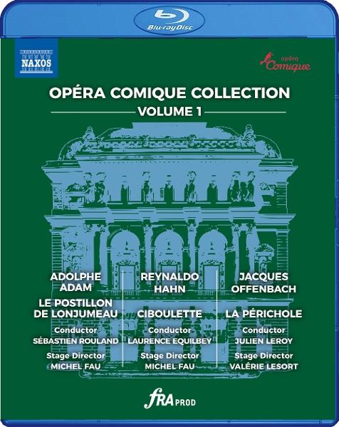 Blu-ray-Disc-Cover. Grüner Hintergrund mit Text: Opéra Comique Collection, Band 1. Enthält Opernnamen, Künstler und eine Gebäudegrafik.