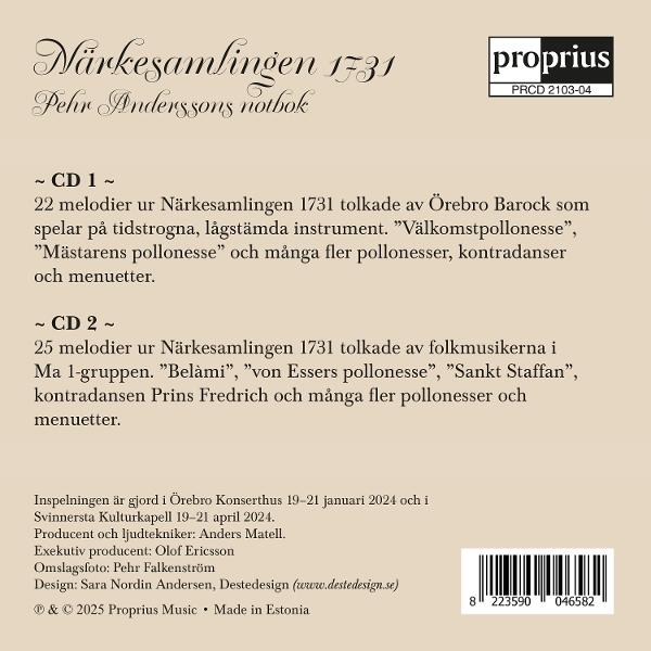 CD-Cover mit Text 'Närkesamlingen 1731' und 'proprius' Logo. Details zu Musikstücken und Credits sind ebenfalls sichtbar.