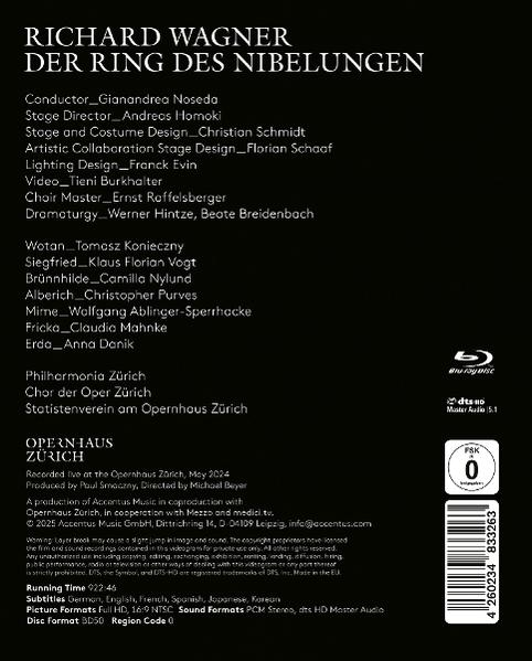 Schwarzer DVD-Cover mit weißem Text, der eine Richard Wagner-Oper, Credits und technische Spezifikationen detailliert.