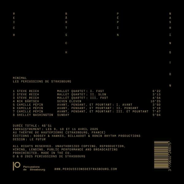 Schwarzes Albumcover mit weißem Text. Titel ist 'Minimal' und Trackliste mit Namen und Spielzeiten sind sichtbar.