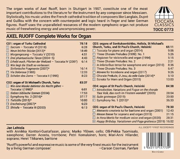 CD-Cover: Axel Ruoffs Orgelwerke. Text und Noten im Hintergrund. Ein Mannsname steht unten.