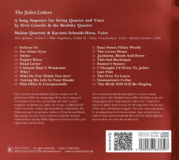 Albumcover für The Juliet Letters von Elvis Costello. Roter Hintergrund mit Titelliste und Text.