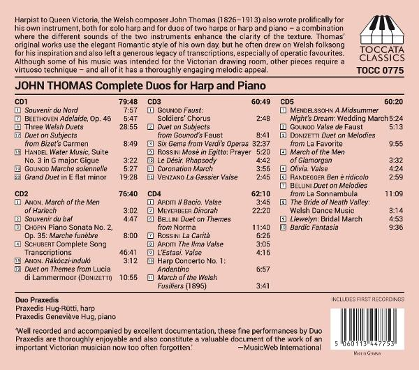 CD-Cover mit Titelliste von John Thomas' Harfen- und Klavierduos. Enthält Text und ein Logo.