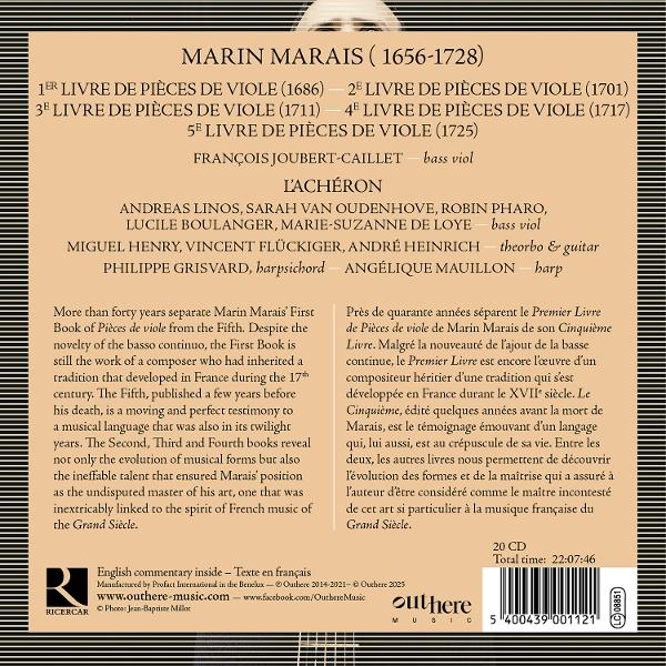 CD-Cover mit Text über die Musik von Marin Marais. Enthält Namen und Daten. Schwarz und Weiß mit Logo.