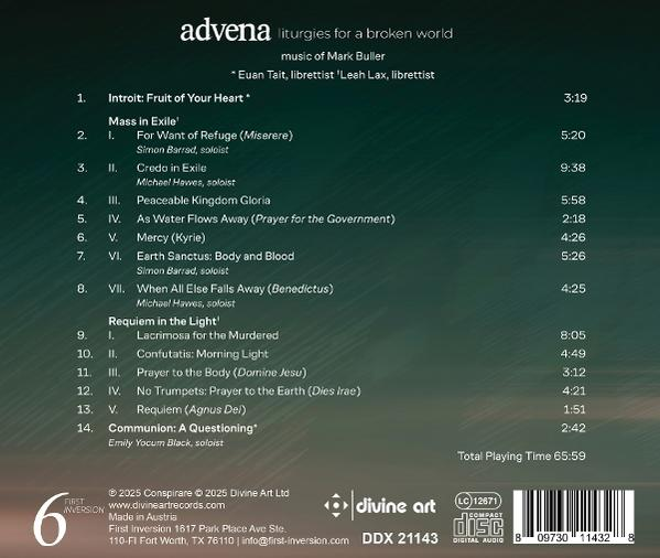 CD-Cover mit Musikdetails. Titel: Advena. Enthält Songtitel, Dauer und Credits. Dunkelgrüner Hintergrund.