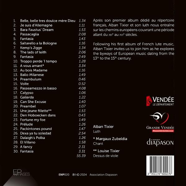 Albumcover mit Titelliste, Künstlernamen und Logos. Enthält Texte auf Französisch und Englisch sowie einen Barcode.