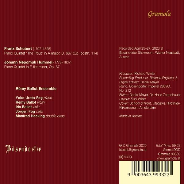 CD-Cover mit musikalischen Informationen. Enthält Komponistennamen, Ensemble-Details und einen Barcode. Maroonfarbener Hintergrund mit weißem Text.
