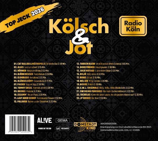 Albumcover mit goldenem Text 'Kölsch & Jot' und einem 'Radio Köln' Logo. Listet Songtitel und Künstlernamen.