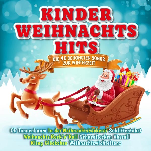 Weihnachtsalbumcover. Weihnachtsmann im Schlitten, gezogen von Rentier. Text: 'Kinder Weihnacht Hits' und Songtitel.