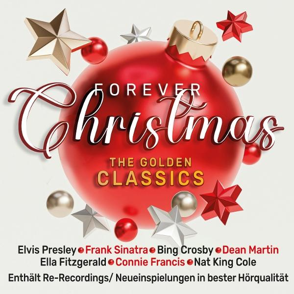 Weihnachtsalbumcover. Rote Kugel mit 'Forever Christmas' und Künstlernamen wie Elvis, Sinatra. Sterne und Kugeln schmücken.