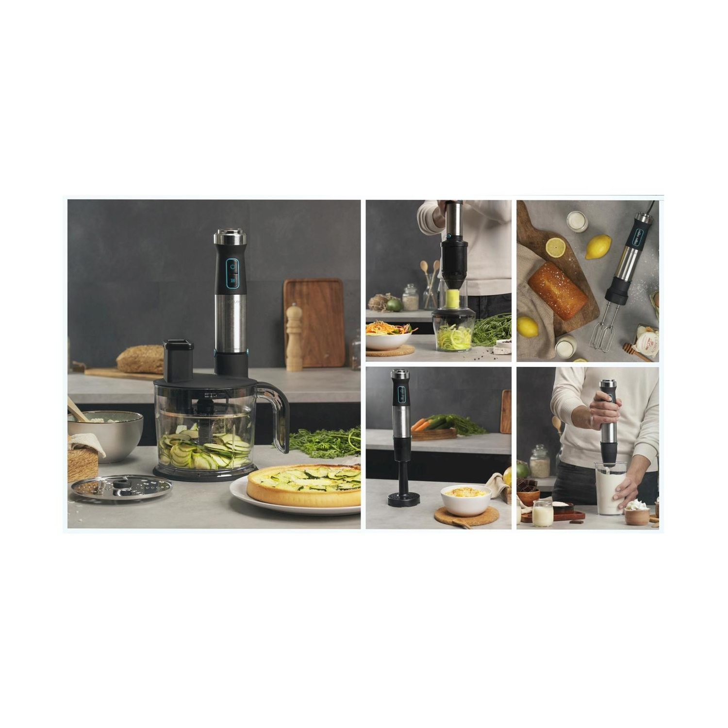 Un frullatore in varie scene di cucina. Include la preparazione di verdure, la miscelazione di ingredienti e una torta di zucchine finita.