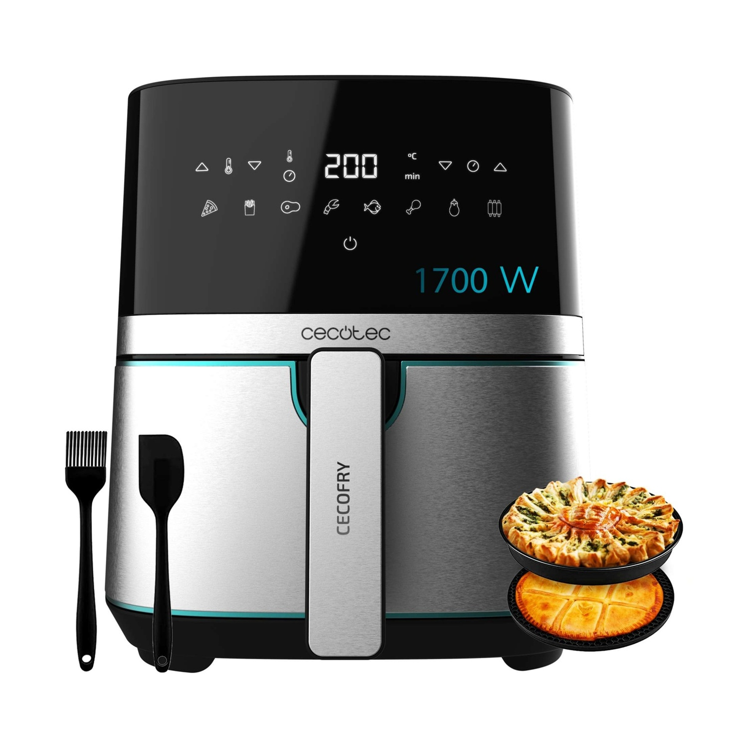 Una friggitrice ad aria con display digitale, utensili da cucina e due torte. La friggitrice è argentata e nera e porta il marchio Cecotec.