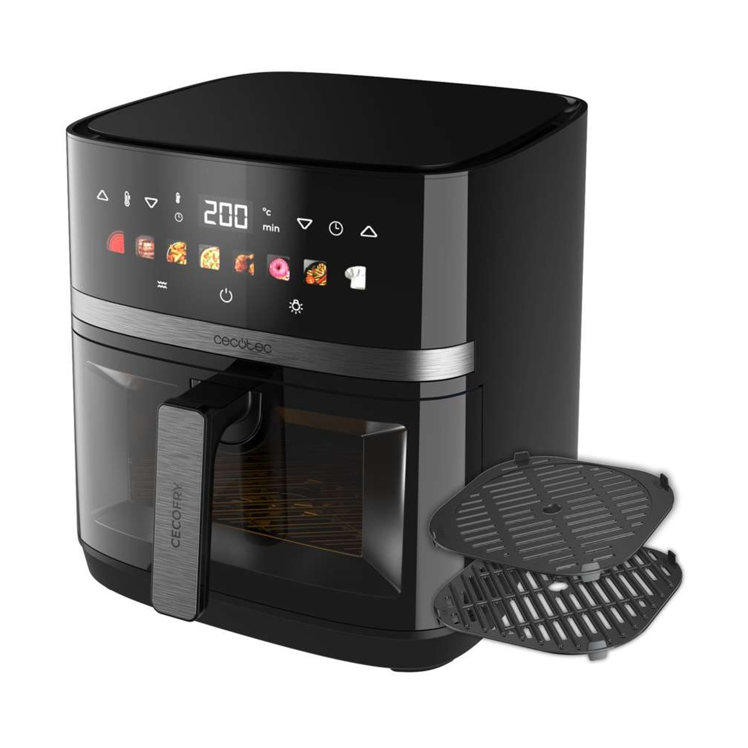 Friggitrice ad aria Cecotec nera con display digitale che mostra 200 gradi. Include due vassoi a griglia. La maniglia è davanti.