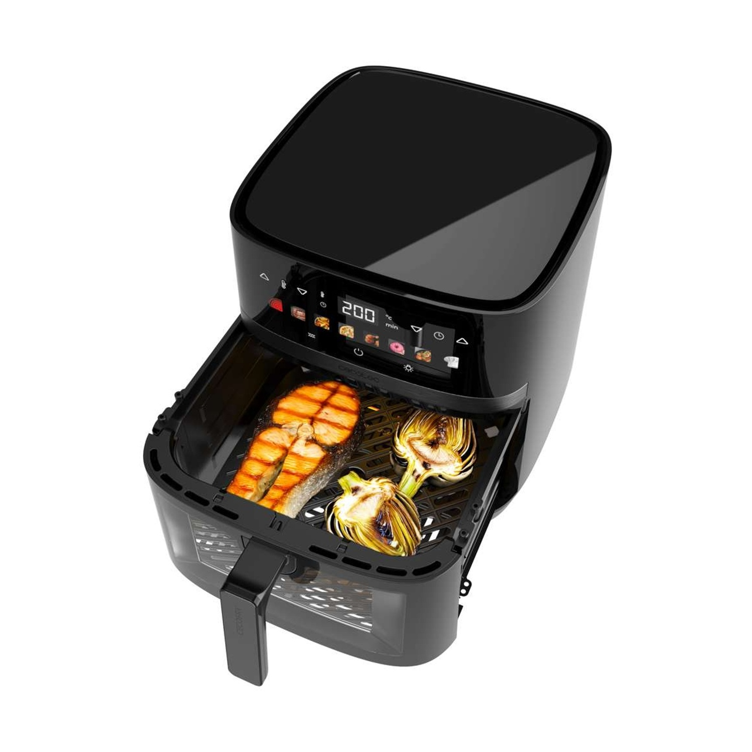 Friggitrice ad aria nera con cassetto contenente una bistecca di salmone e carciofi. Il display mostra 200 e un timer.