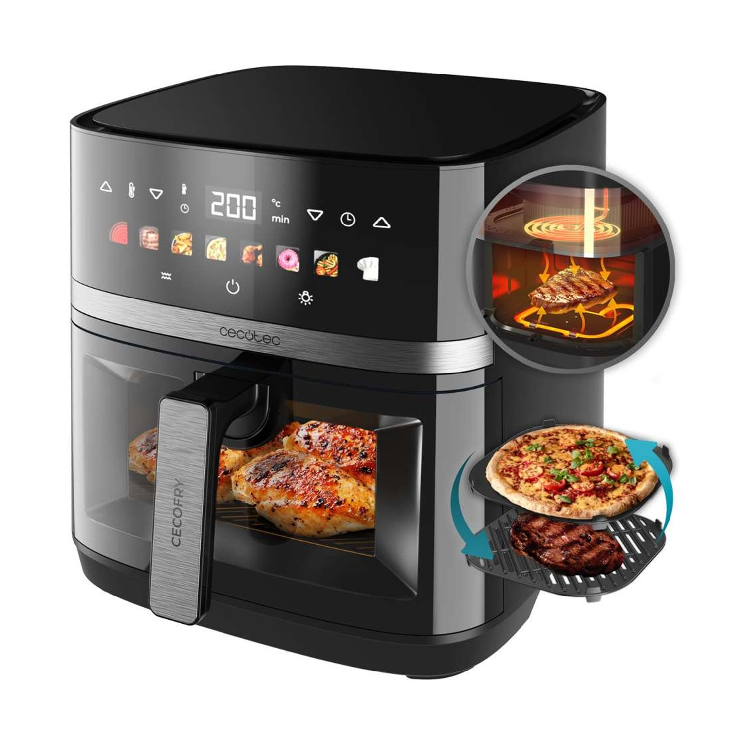 Friggitrice ad aria nera con display digitale, che mostra 200 gradi. All'interno, pollo cotto. Include esempi di pizza e bistecca.