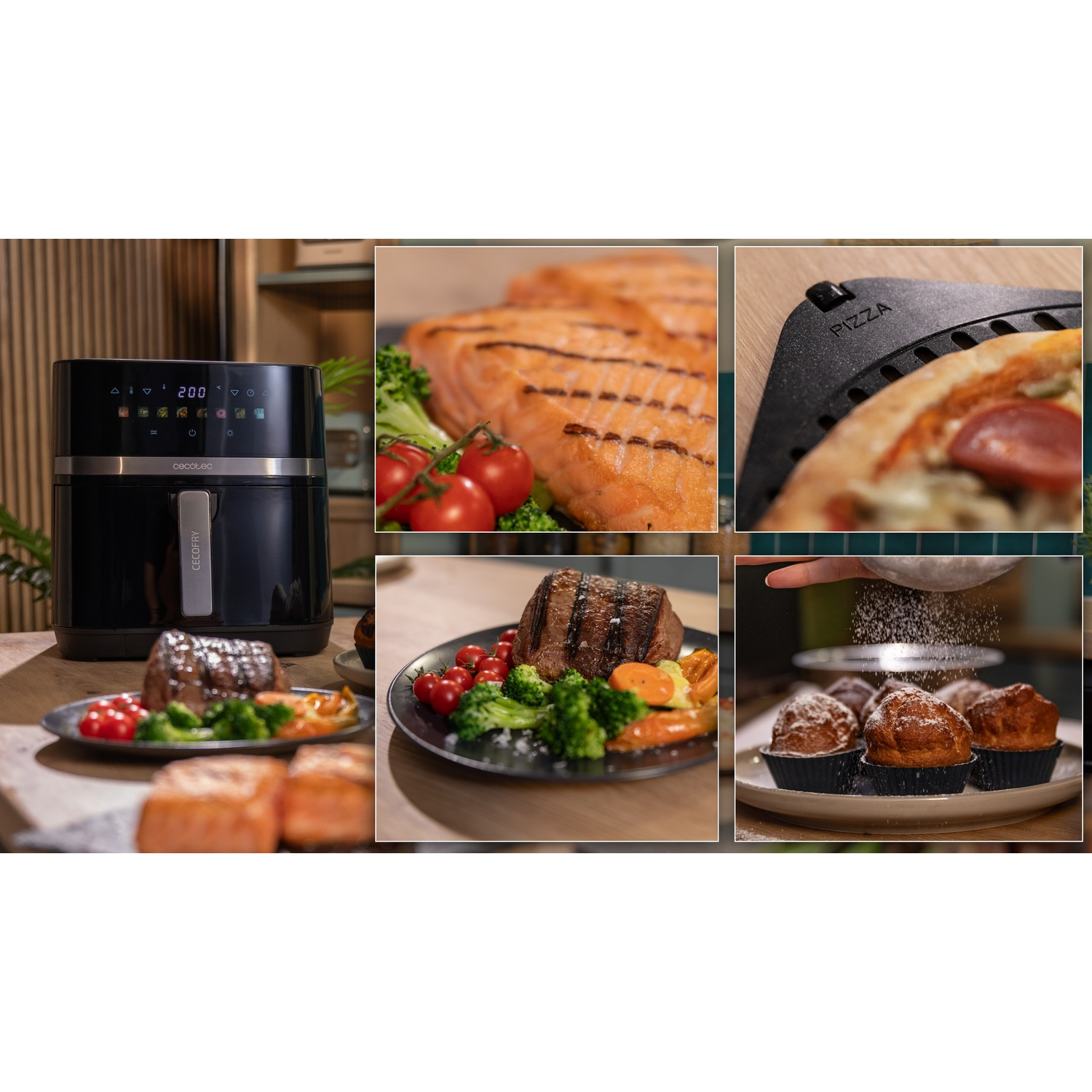 Una friggitrice ad aria con salmone cotto, bistecca, pizza e muffin. Sono visibili anche verdure come pomodori e broccoli.
