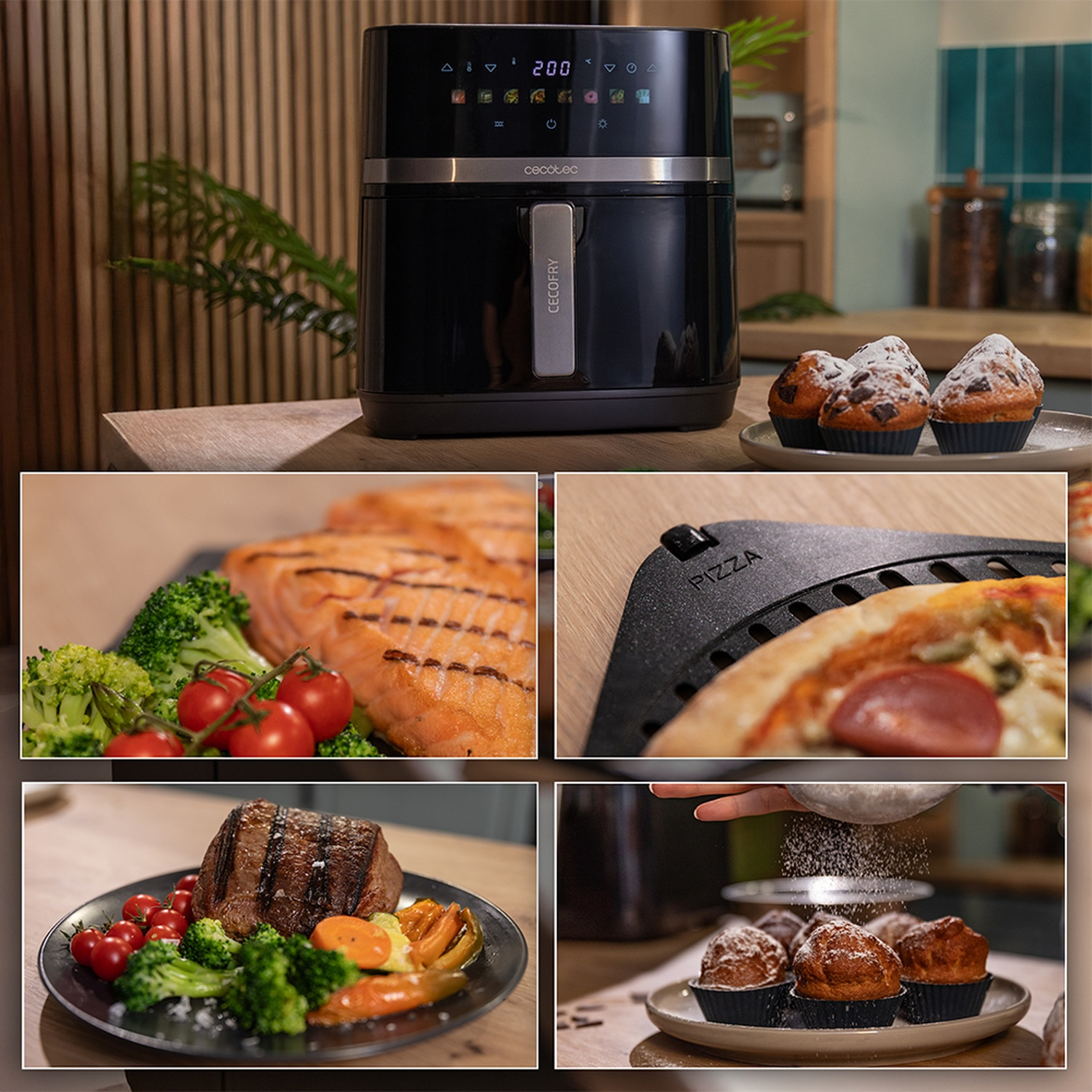 Una friggitrice ad aria con cibi cotti, tra cui salmone, bistecca, pizza e muffin. Sono presenti anche varie verdure.