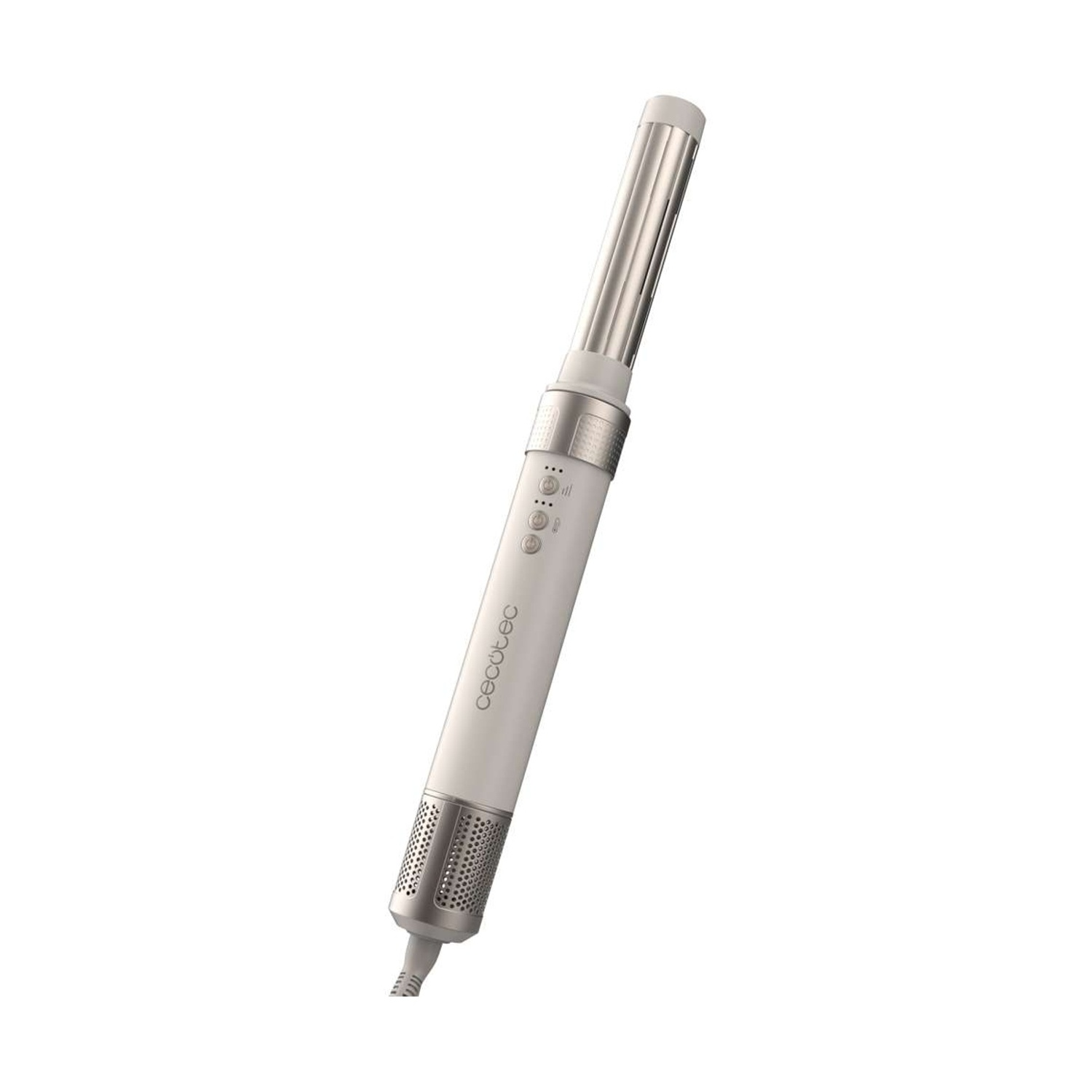 Uno strumento per lo styling dei capelli Cecotec bianco e argento su sfondo bianco. Ha una canna argentata e un manico bianco con bottoni.