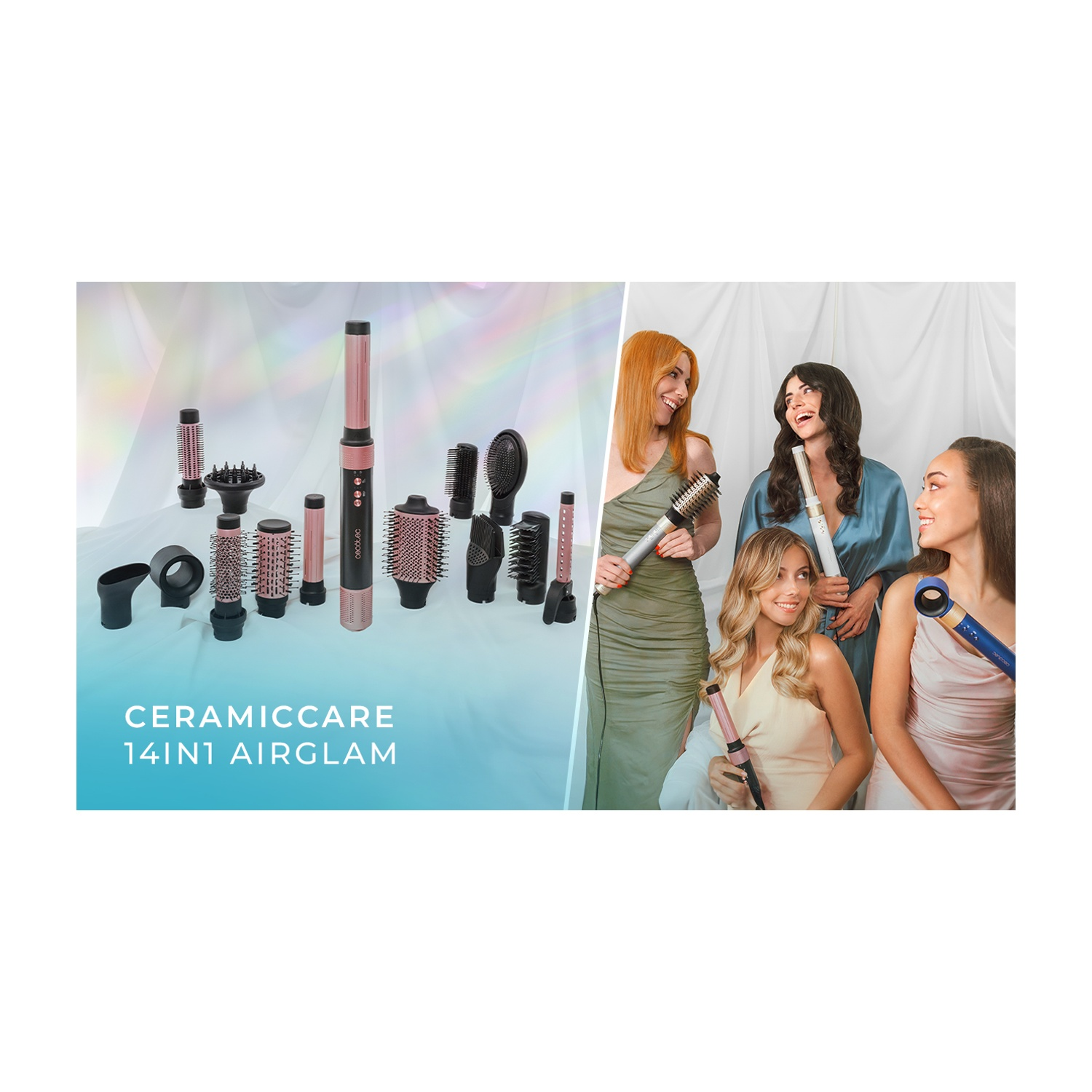 L'immagine mostra strumenti per lo styling dei capelli e donne con capelli acconciati che tengono strumenti simili. Il testo dice 'CERAMICCARE 14IN1 AIRGLAM'.