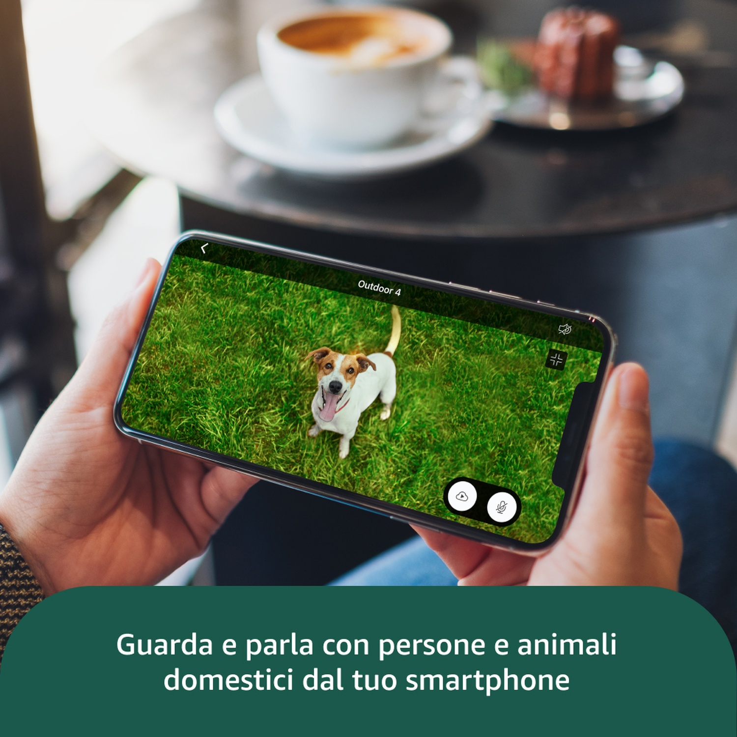 Una persona tiene in mano un telefono con un cane sull'erba. Caffè e pasticceria sullo sfondo. Testo: "Guarda e parla con gli animali".