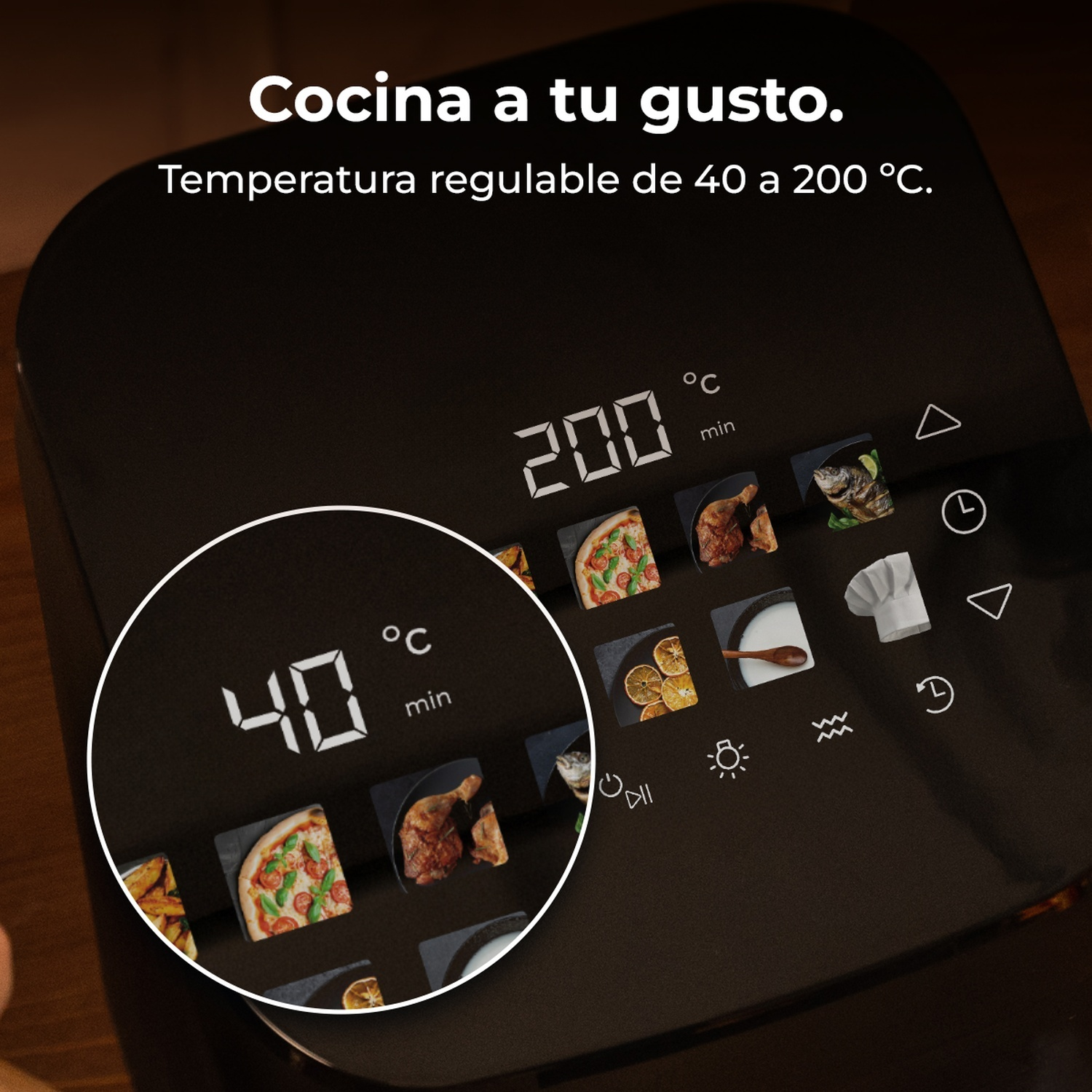 Pannello di controllo nero della friggitrice ad aria con impostazioni della temperatura. Il display mostra 40°C, con opzioni di cottura fino a 200°C.