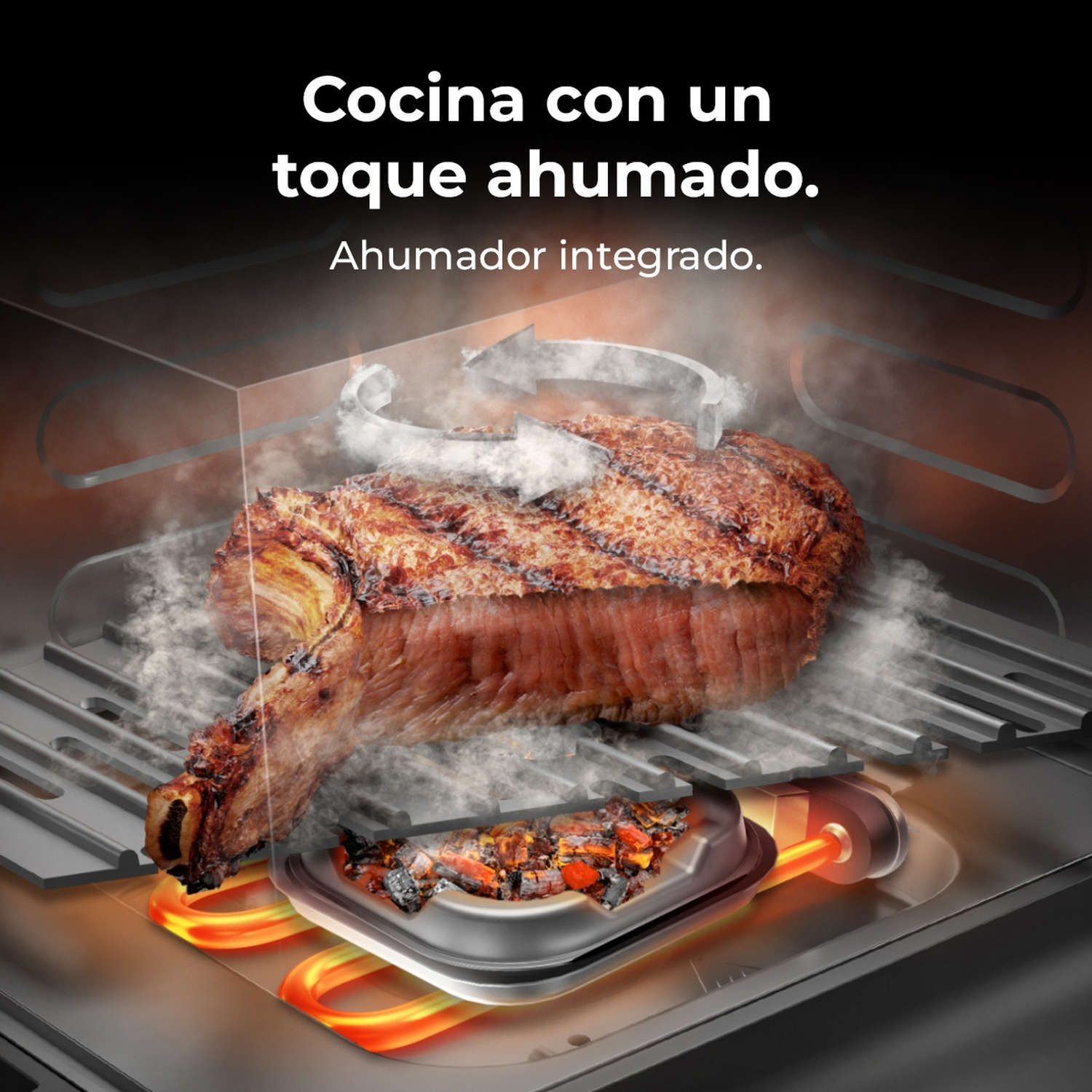 Una bistecca grigliata su una griglia con fumo, circondata da testo in spagnolo. Sotto la griglia un vassoio con carboni ardenti.