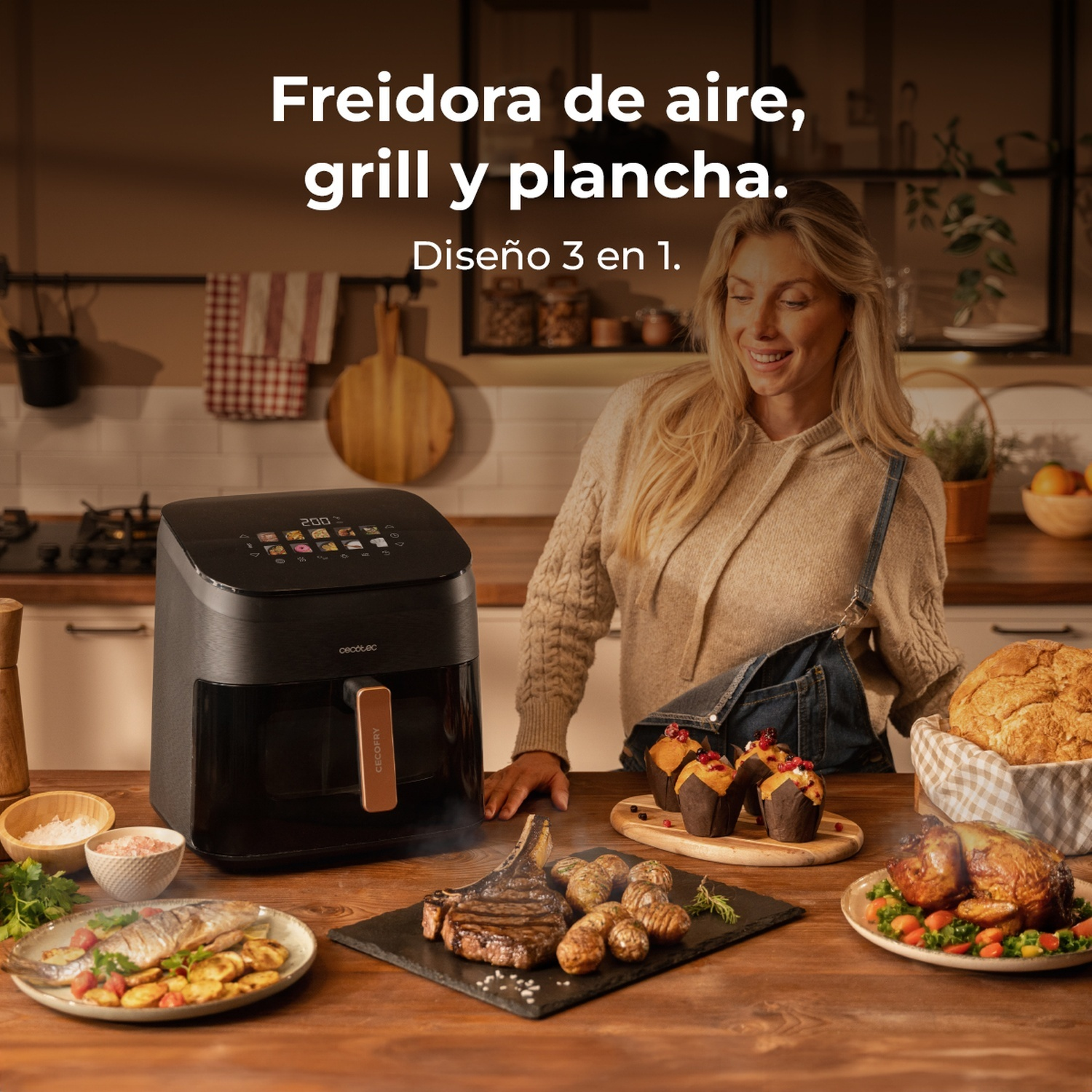 Una donna sorride vicino a una friggitrice ad aria nera su un tavolo di legno con cibo cotto. Il testo dice 'friggitrice ad aria, grill e piastra'.