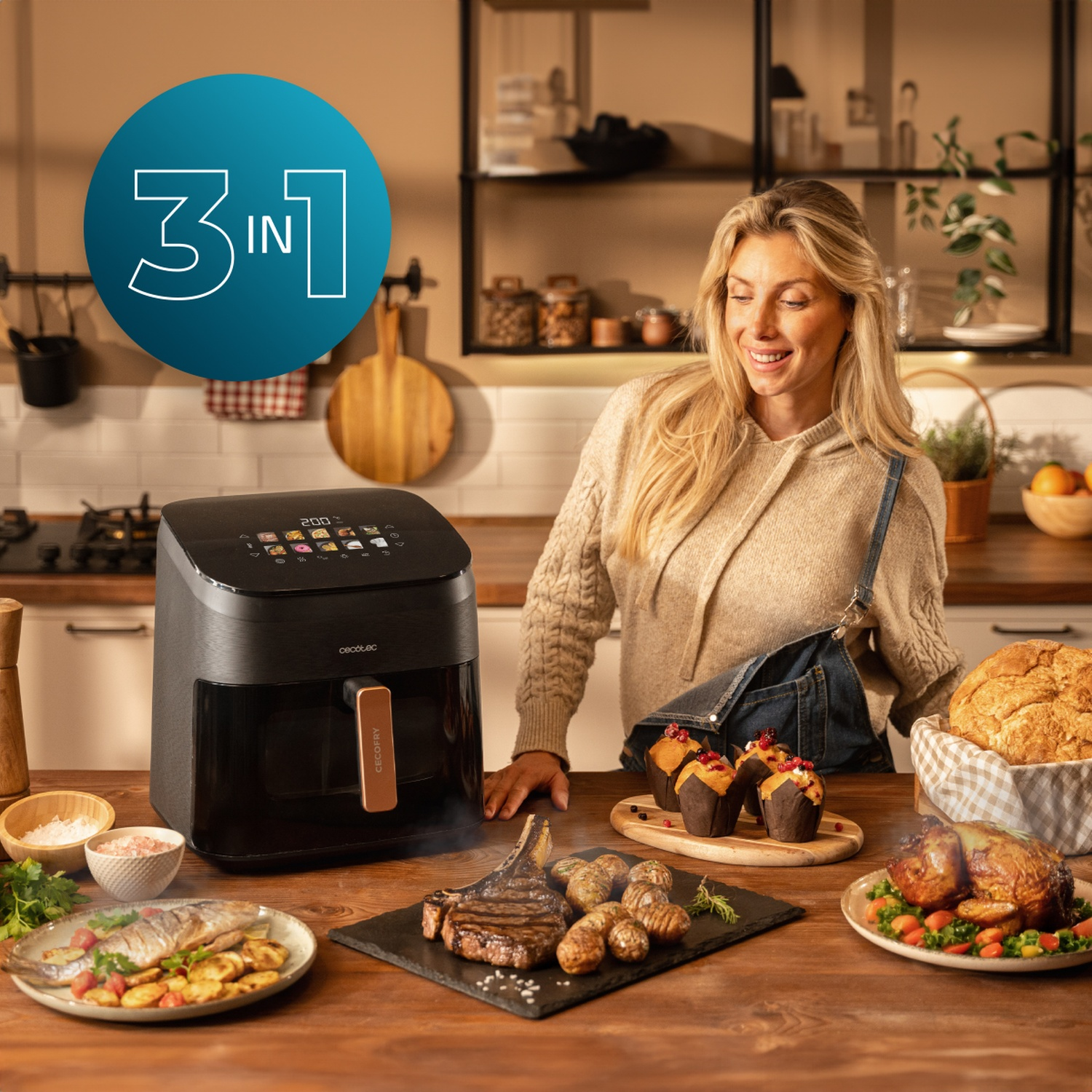 Una donna in cucina con una friggitrice ad aria, una varietà di cibi cotti e un cartello con scritto '3 in 1'.