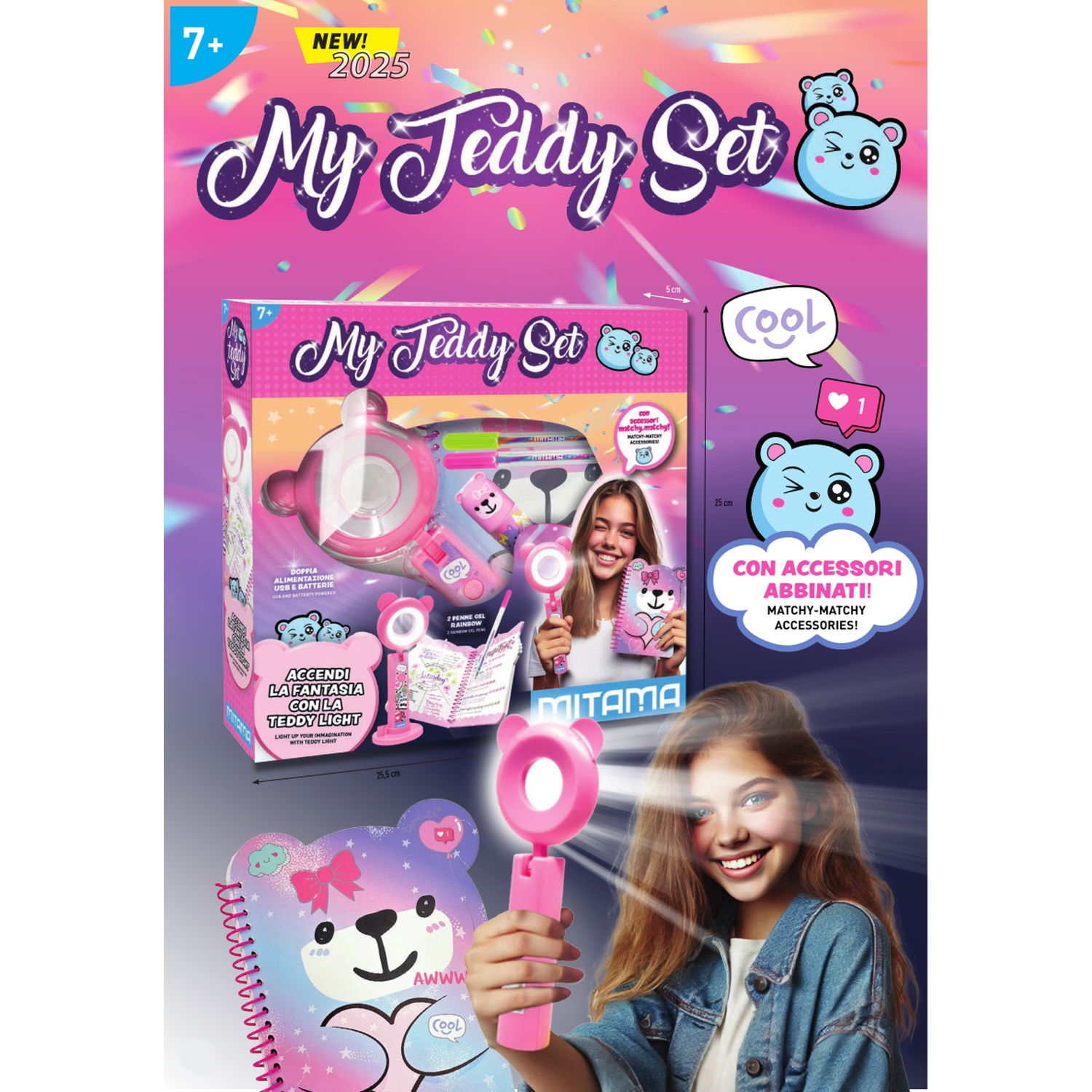 Una pubblicità del prodotto mostra una ragazza che tiene in mano una luce a forma di orsetto rosa e un quaderno. Il prodotto è 'My Teddy Set'.