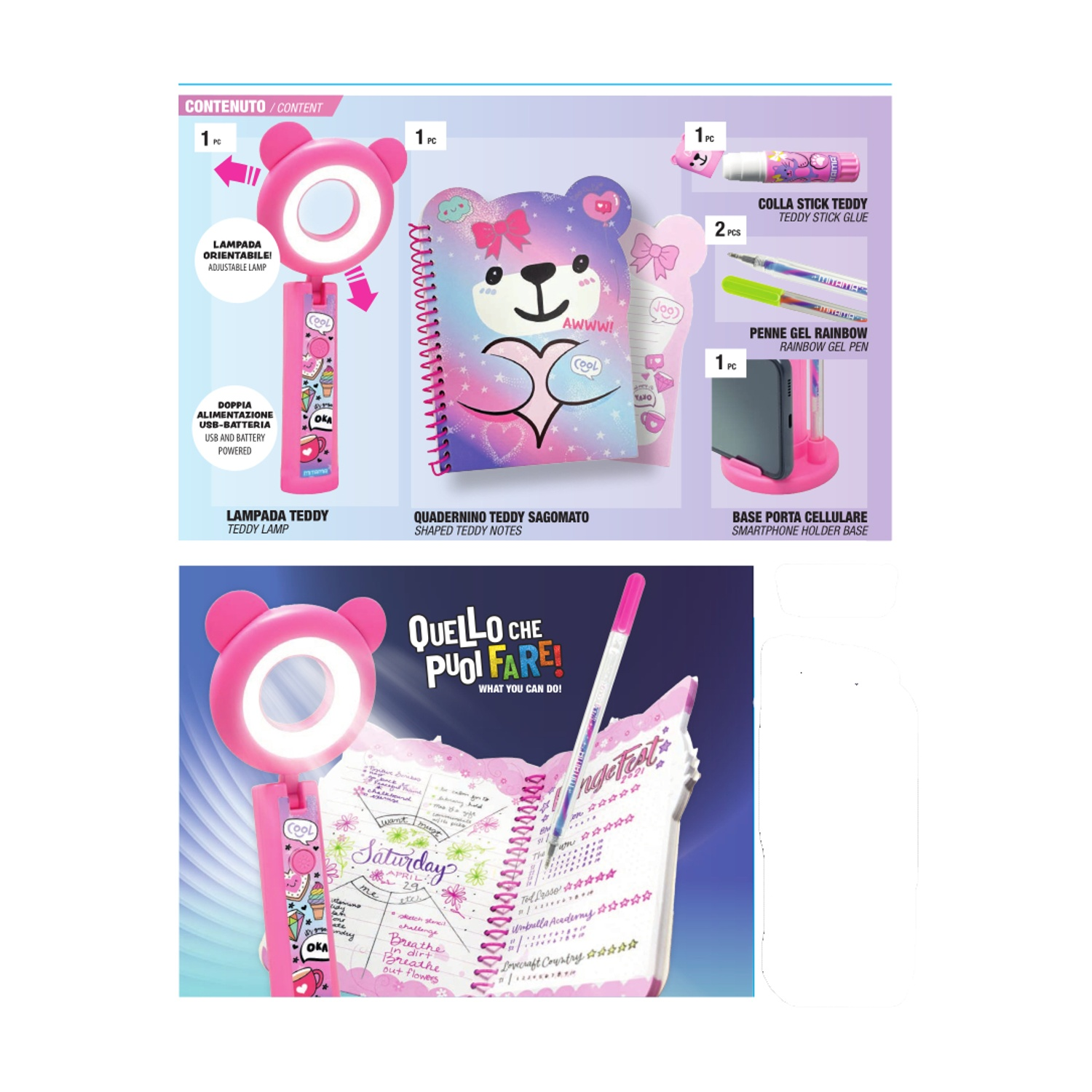 Una lampada a forma di orsetto rosa, un quaderno, una penna, uno stick di colla e un supporto per telefono. Gli oggetti sono su una superficie bianca contro uno sfondo colorato.