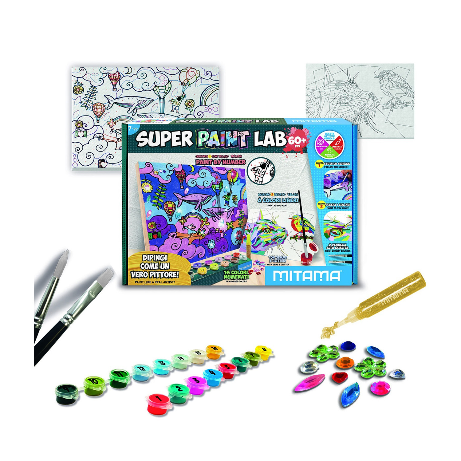 Un kit di pittura a numeri con pennelli, vernici, gemme e l'immagine di una balena nel cielo. Sulla scatola c'è scritto 'Super Paint Lab'.
