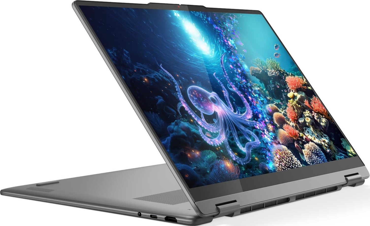 Laptop offen. Der Bildschirm zeigt einen Oktopus in einer Unterwasserszene mit Korallenriffen und einem Wirbel im Hintergrund.