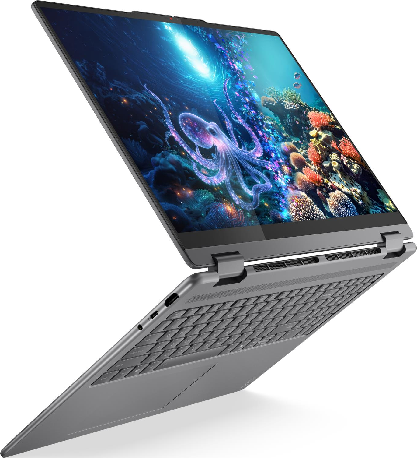 Grauer Laptop, der einen Unterwasserszene mit einem Oktopus anzeigt. Der Laptop ist teilweise geöffnet, die Tastatur ist sichtbar.