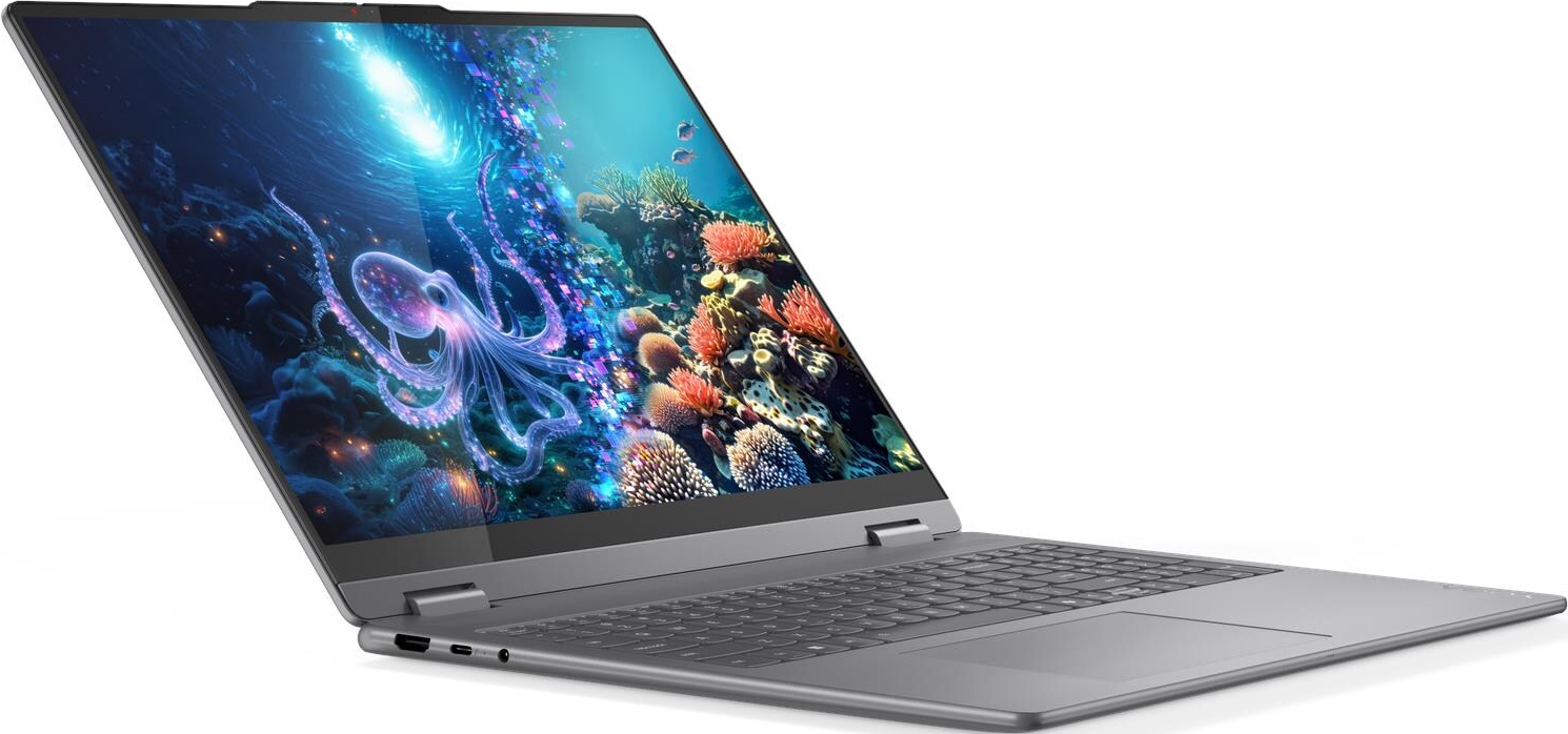 Ein Laptop zeigt eine Unterwasserszene mit einem Oktopus, Korallen und Fischen. Der Laptop ist grau, offen und angewinkelt.